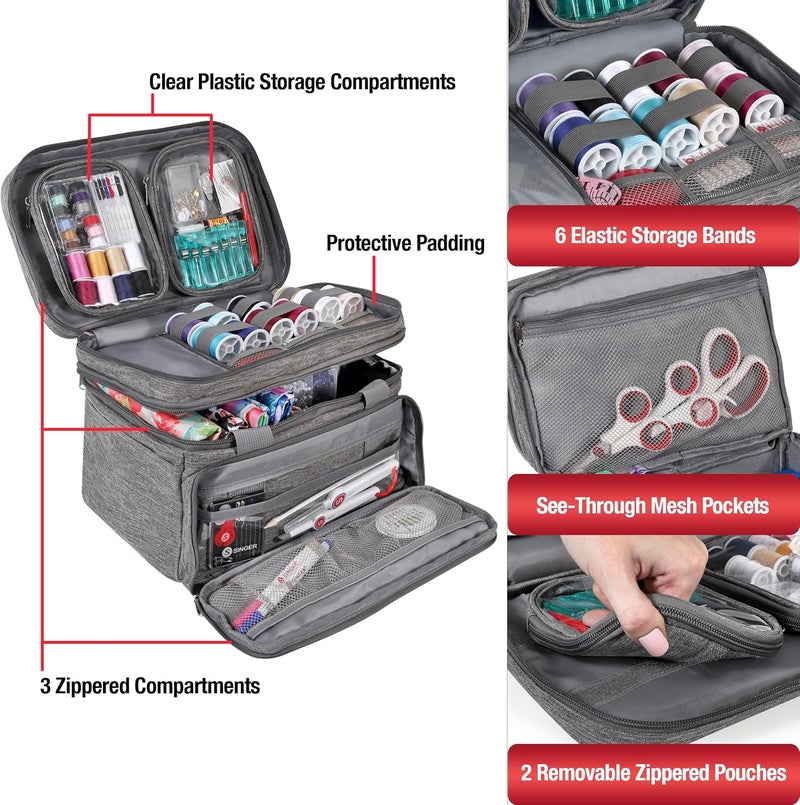 SINGER منظم ملحقات الخياطة (حقيبة فقط) - حقيبة تخزين خياطة محمولة بطبقتين | 2 حقيبة قابلة للفصل و 18 قسم، حقيبة كبيرة لمستلزمات الخياطة والحرف اليدوية (رمادي) - Image 4